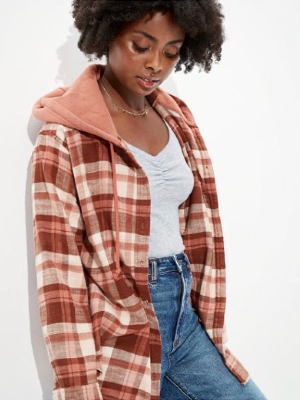 American Eagle Outfitters Plaid Hooded Utility Jacket - Rust & Cream